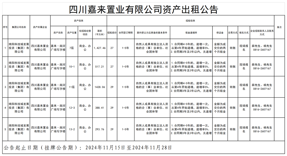 四川嘉來置業(yè)有限公司資產出租公告_Sheet1